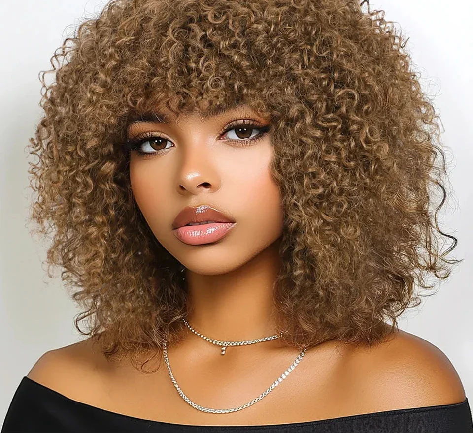 200% Density Short Afro Kinky Curly Human Hair Wig with Bangs | Sassy Fluffy Natural Growth Full Machine Made Wigs