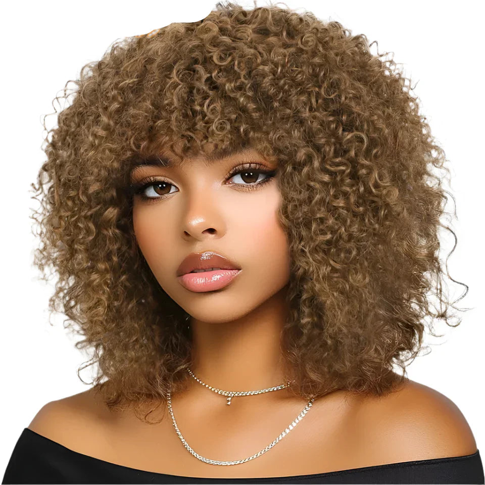 250% Density Blonde Highlight Sassy Curly Wig with Bangs | Glueless Brazilian Afro Kinky Remy Human Hair