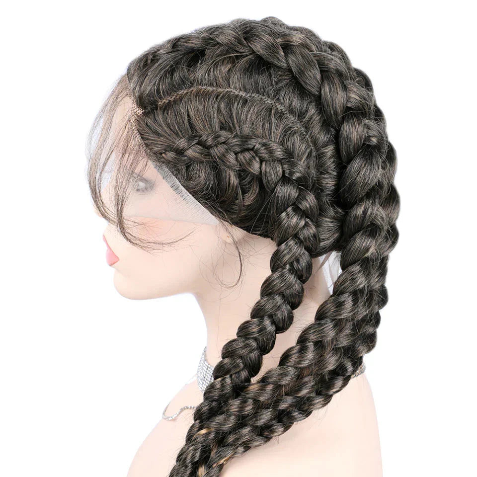 32" Hand-Made Knotless Box Braided Lace Front Wig | French Braid | Baby Hair | Glueless Synthetic Wig