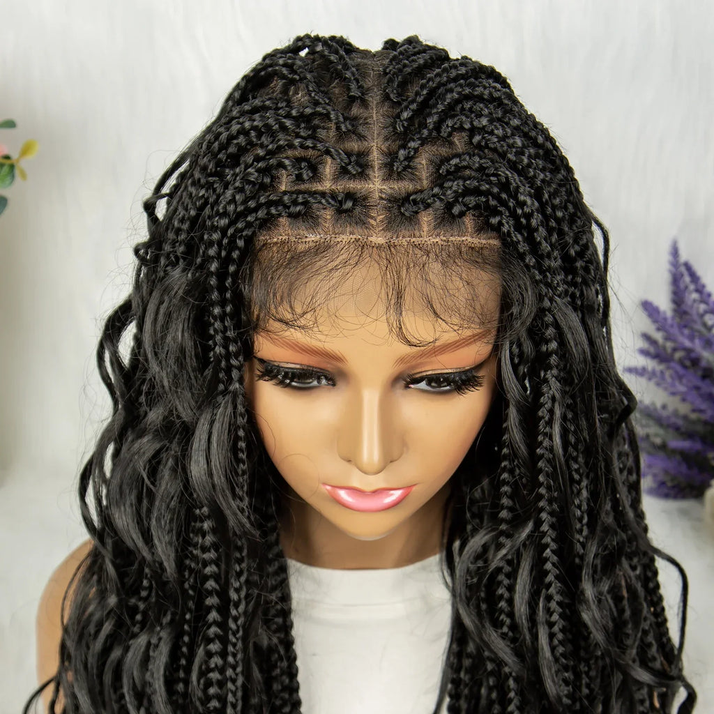 34" Full Lace Knotless Braided Wig with Baby Hair | Synthetic Lace Front Wig for Black Women | Long Braids