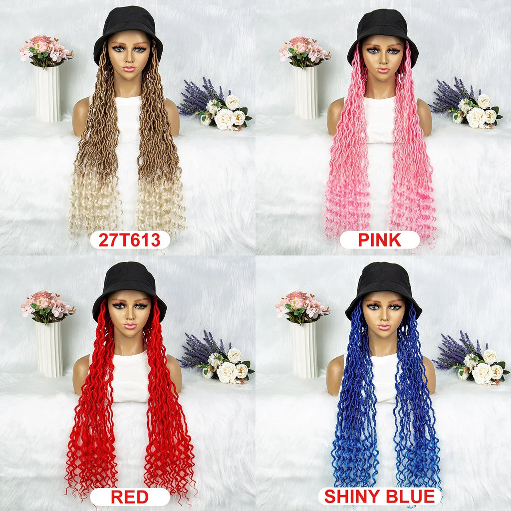 30" Crochet Afro Dreadlocks Bucket Hat Wig | Synthetic Braided Hair | Curly Ends | Black Women