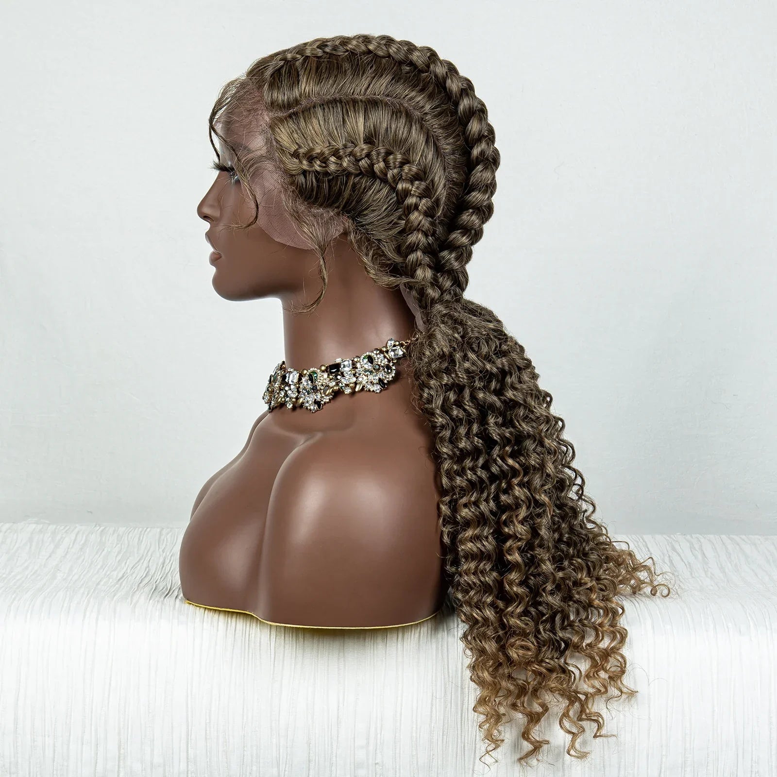 22" Box Braids Full Lace Wig | Two Curly Ponytails | Baby Hair | Synthetic Braided Wig