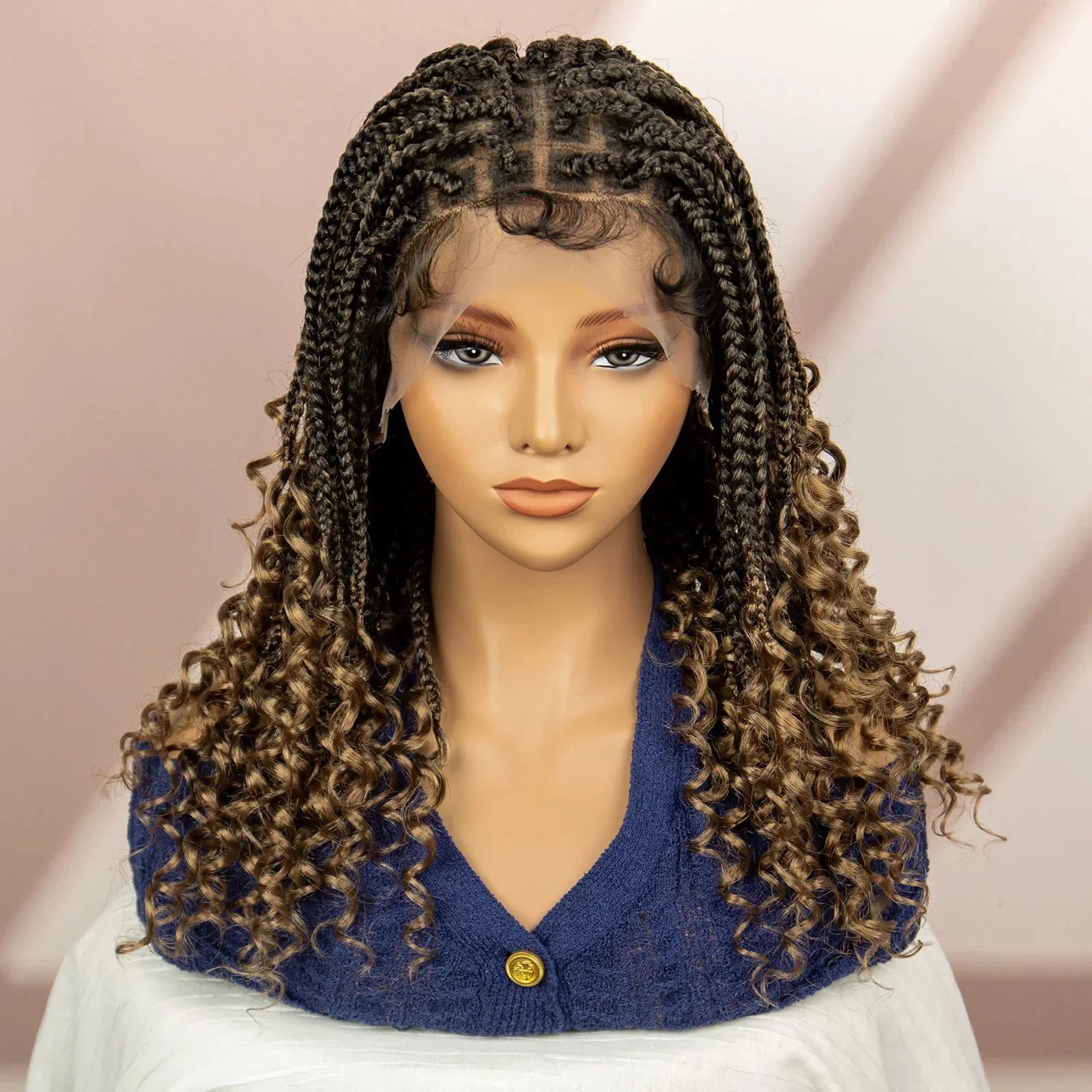 16" Short Brown Box Braided Full Lace Wig | Curly Ends | African Braids | Black Women