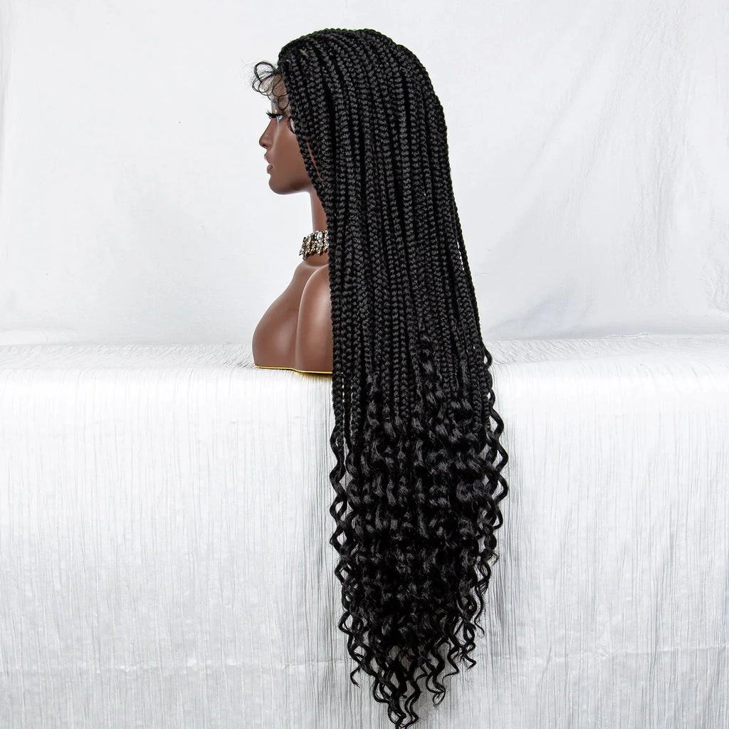 36" Curly End Box Braided Full Lace Wig | Straight Cornrows | Kanekalon Synthetic Braids