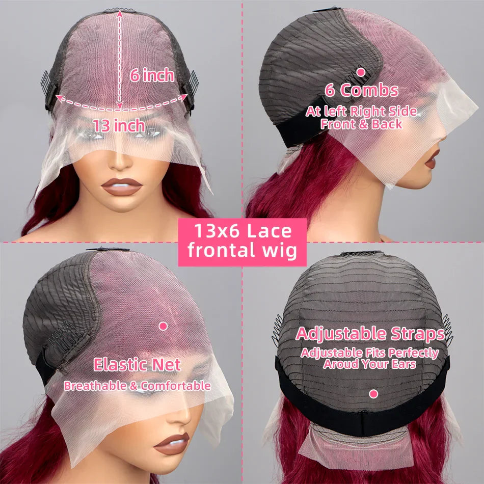 200% Density 99J Burgundy Lace Front Human Hair Wig 13x6 Body Wave Brazilian Remy Deep Part On Sale
