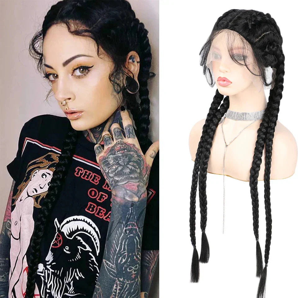 32" Hand-Made Knotless Box Braided Lace Front Wig | French Braid | Baby Hair | Glueless Synthetic Wig