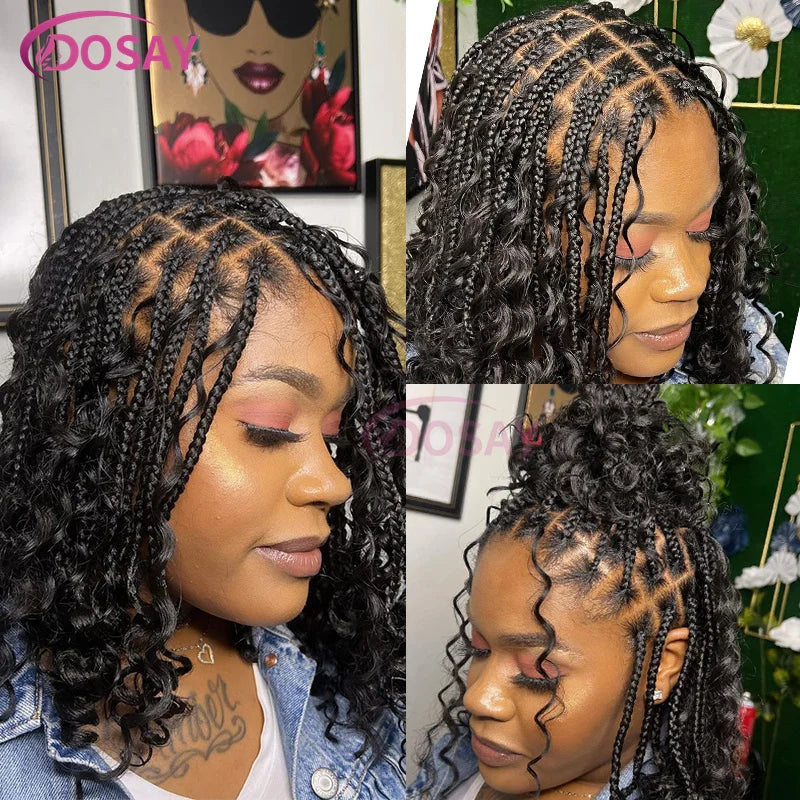 12" Curly Boho Braids Bob Wig | 360 Full Lace | Knotless Box Braids | Baby Hair