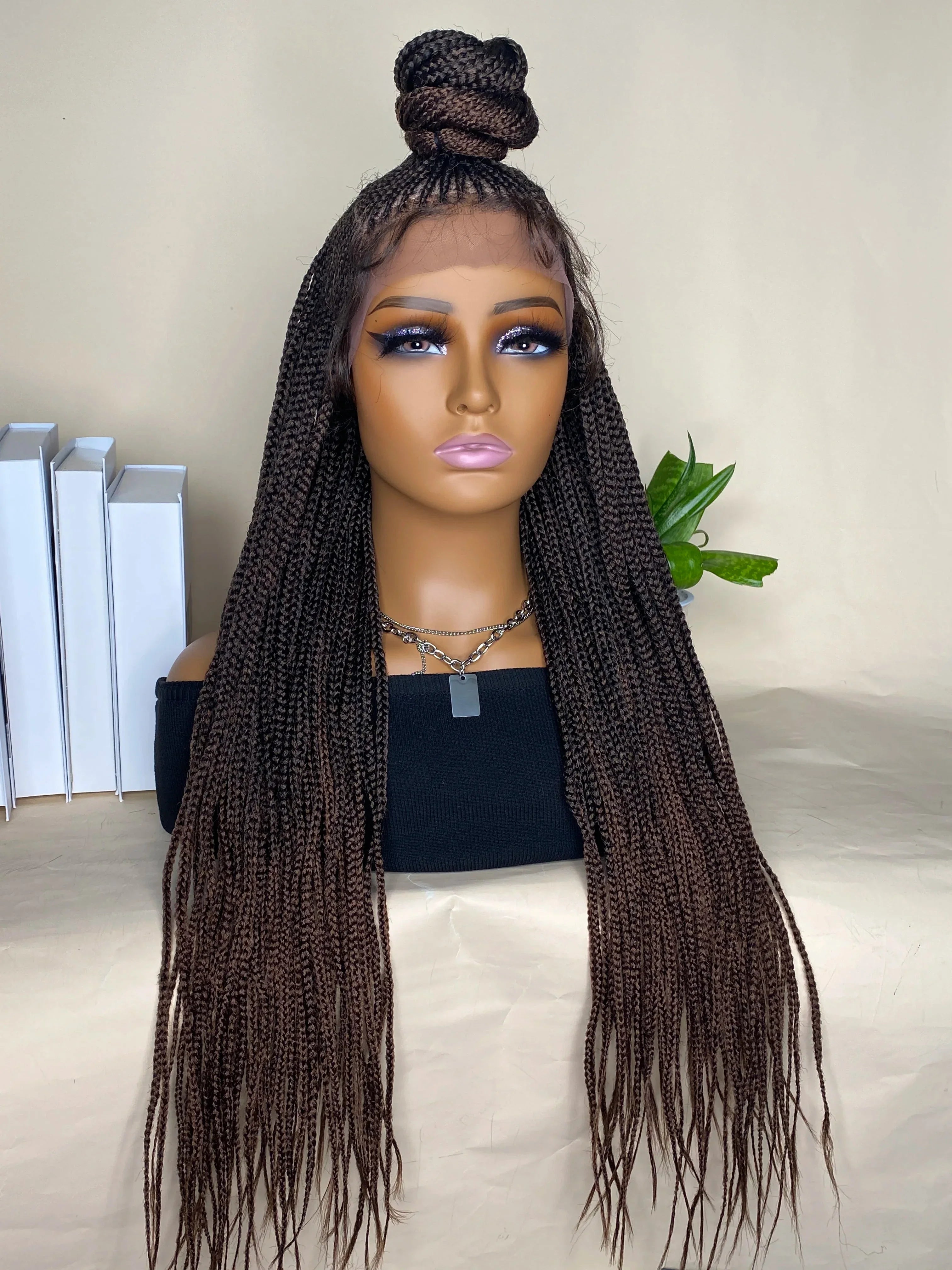 30" Bun Box Braid Lace Front Wig | 13x7" Cornrow Braids | Brown Synthetic Wig | Black Women
