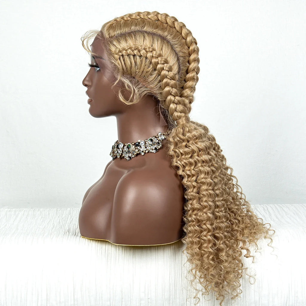 22" Box Braids Full Lace Wig | Two Curly Ponytails | Baby Hair | Synthetic Braided Wig