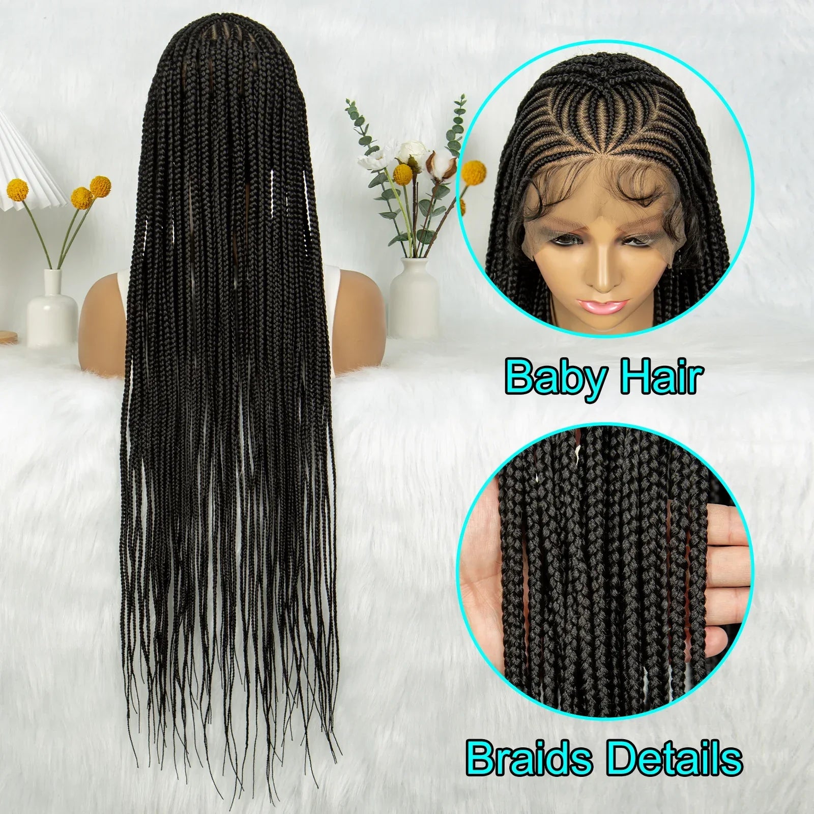 36" Cornrow Braided Wig | Full Lace Braided Wig | Box Braids | Long Braids | Synthetic Hair | Black Women
