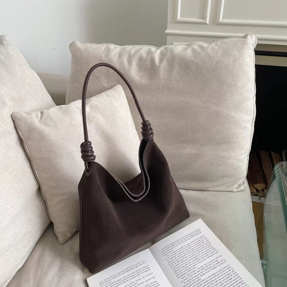 All-Match Chamois Matte Suede Cowhide Leather Tote | Large Capacity Designer Maillard Dressing Coffee Winter Ladies Handbag