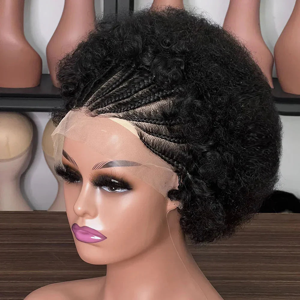 6" Afro Curly Braided Lace Front Wig | 250% Density | Brazilian Remy Hair | Short Curly Wig
