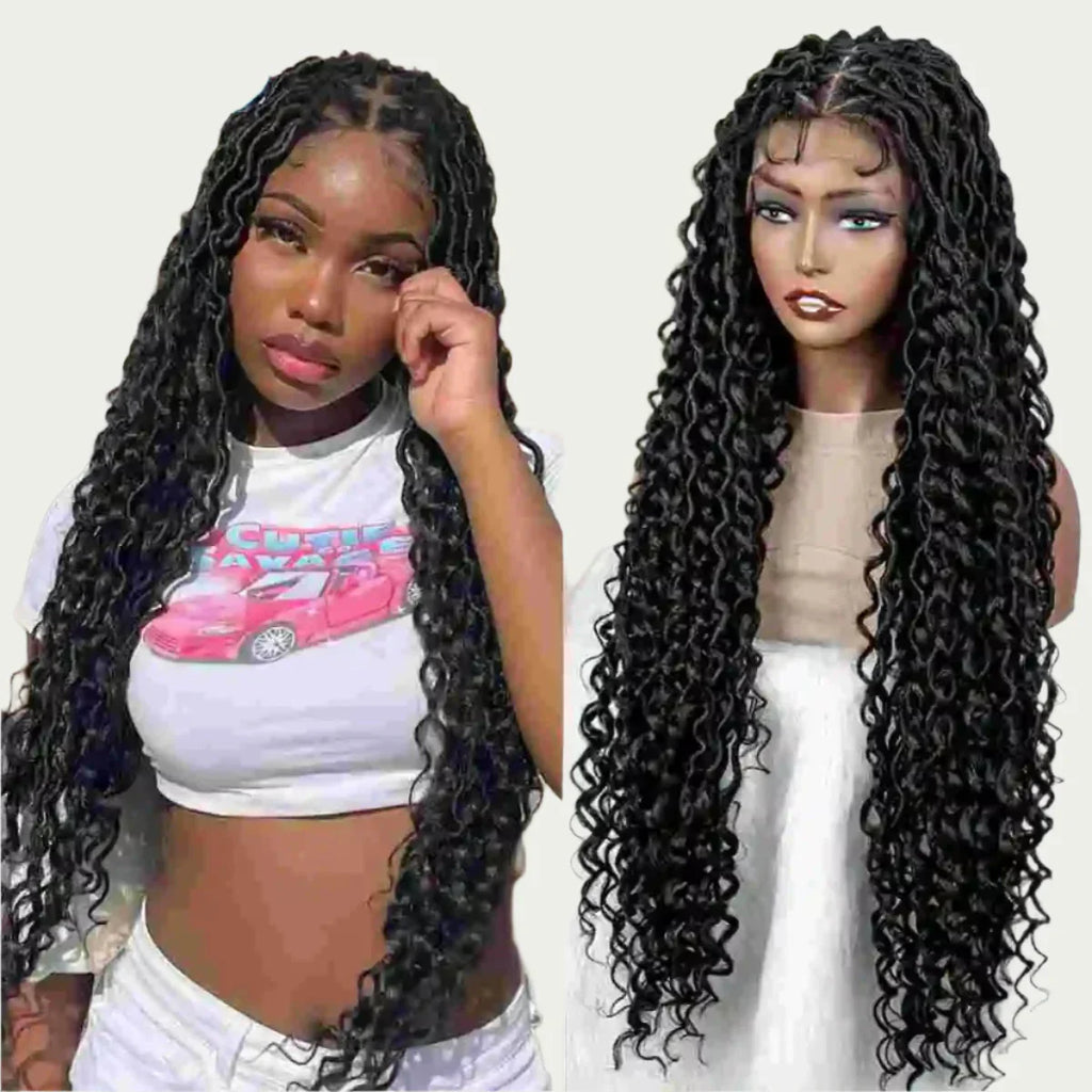 36" Knotless Dreadlock Braided Full Lace Wig | Curly Ends | Synthetic Locs Braids | Black Women