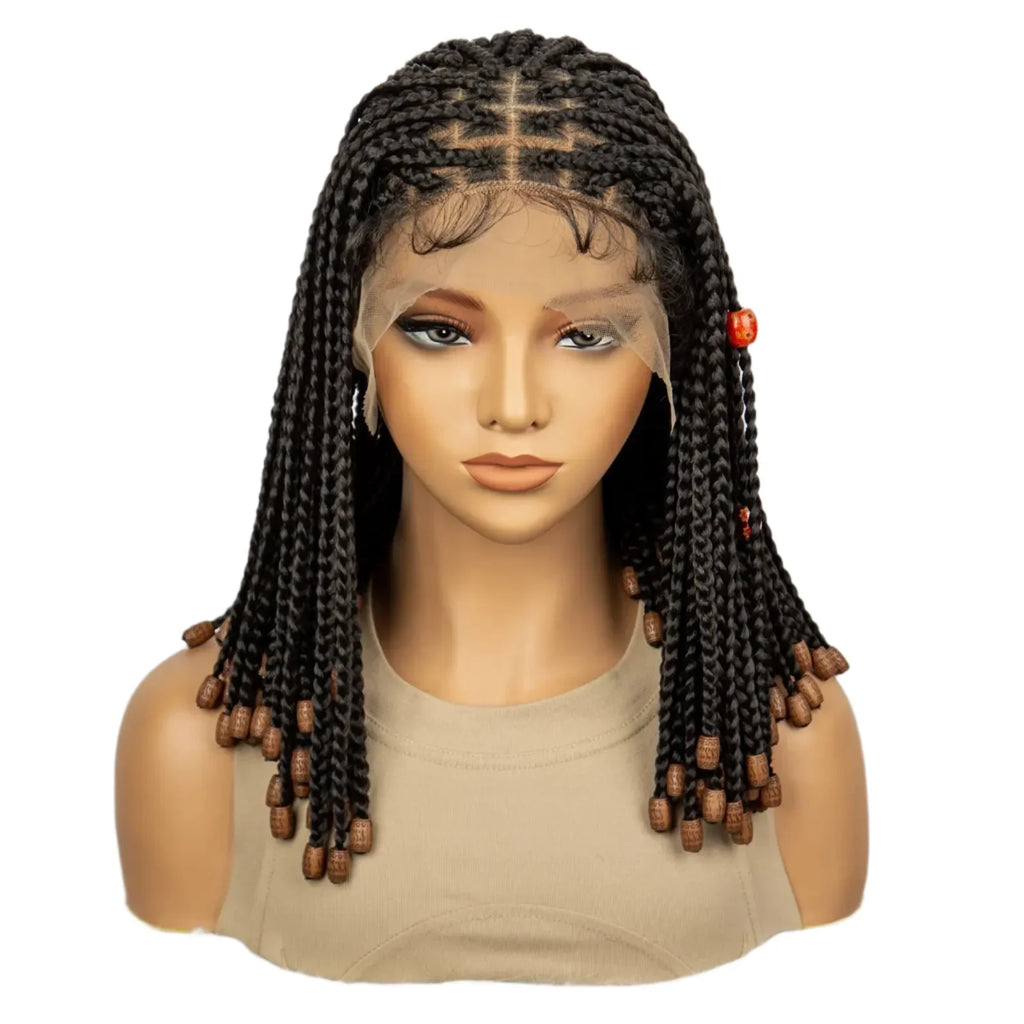 14" Short Bob Box Braided Wig with Beads | Knotless Braids | Synthetic Lace Front Wig | Baby Hair
