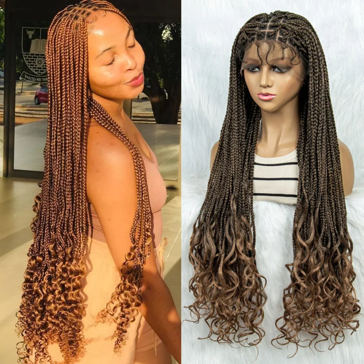 36" Knotless Braids Wig with Curly Ends | Lace Front | Synthetic Hair | Black Women