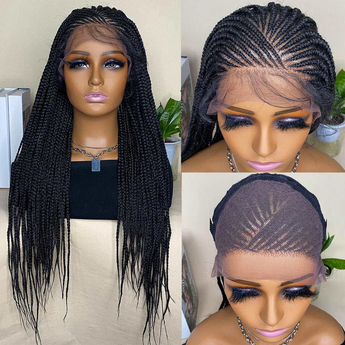 28 Inch Lace Front Cornrow Wig | Hand Braided Box Braids | Synthetic Hair | With Baby Hair