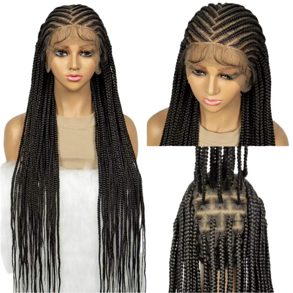 36" Cornrow Braided Full Lace Wig | Knotless Box Braids | Baby Hair | Synthetic Braiding Wig for Black Women