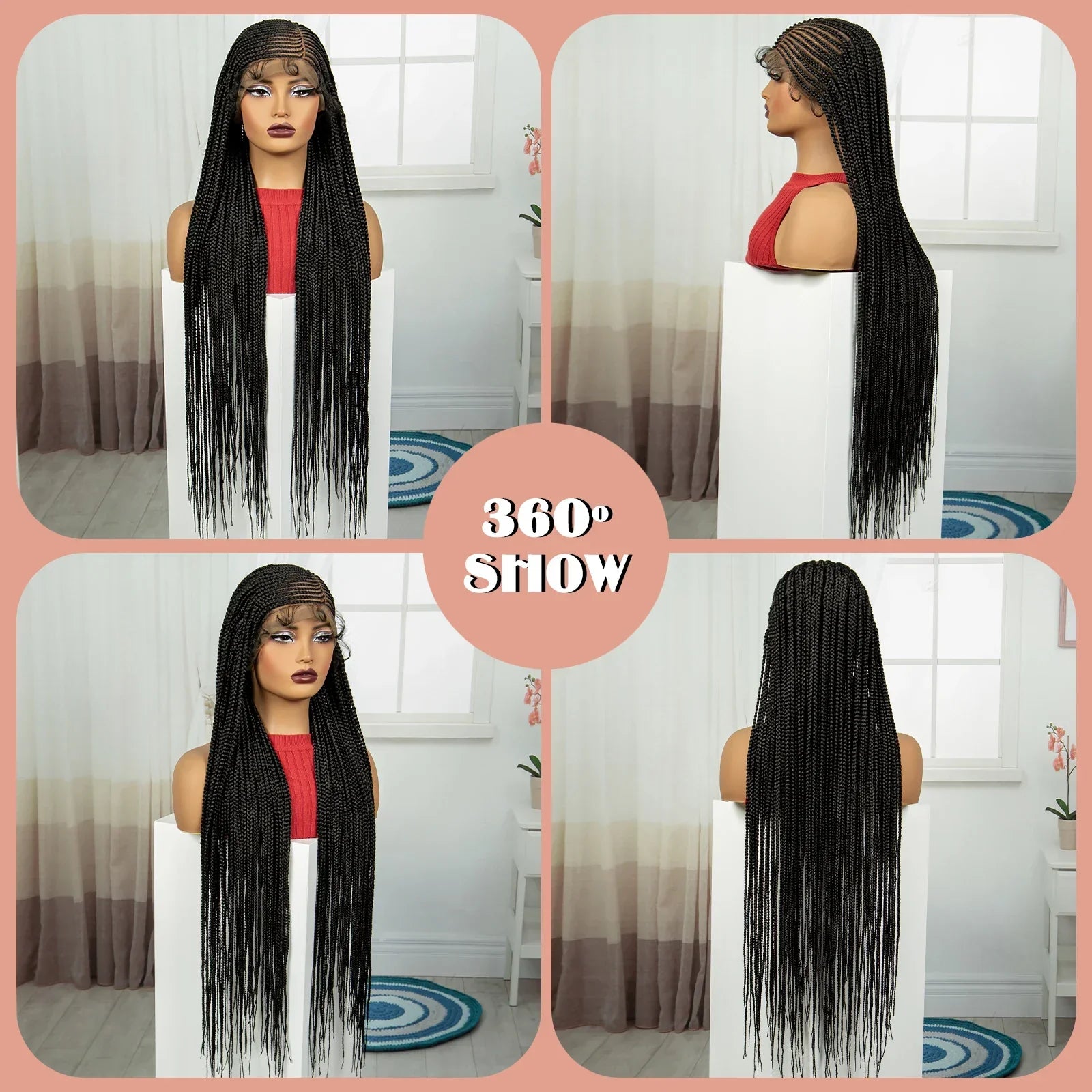 36" Cornrow Braided Full Lace Frontal Wig | Knotless Braids | Synthetic Braided Wig with Baby Hair for Black Women