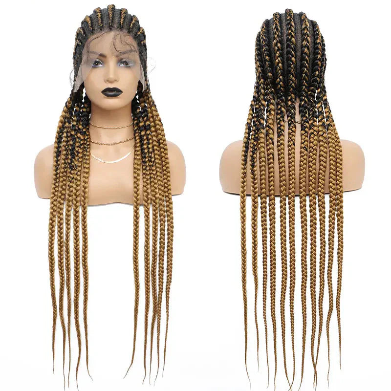 36" Cornrow Twisted Braided Wig | Ombre Blonde Passion Twists | Faux Locs & Goddess Box Braids | Full Lace Front Wig