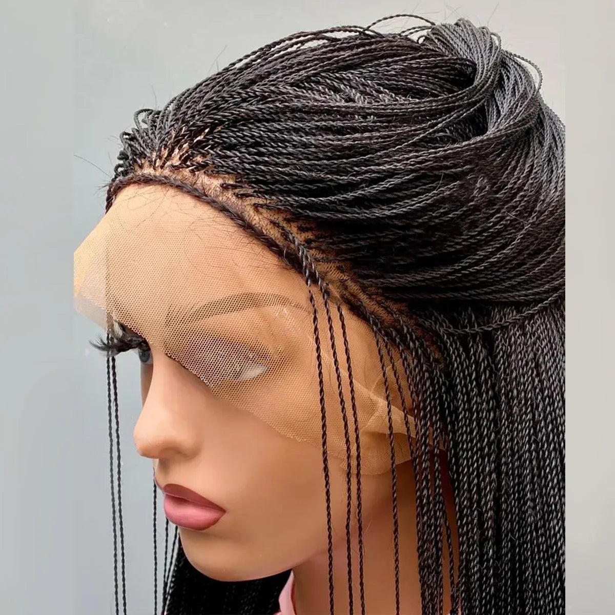 28" Micro Twist Braided Wig | 1B Black | Front Lace | Glueless | Petite Cap | For Black Women