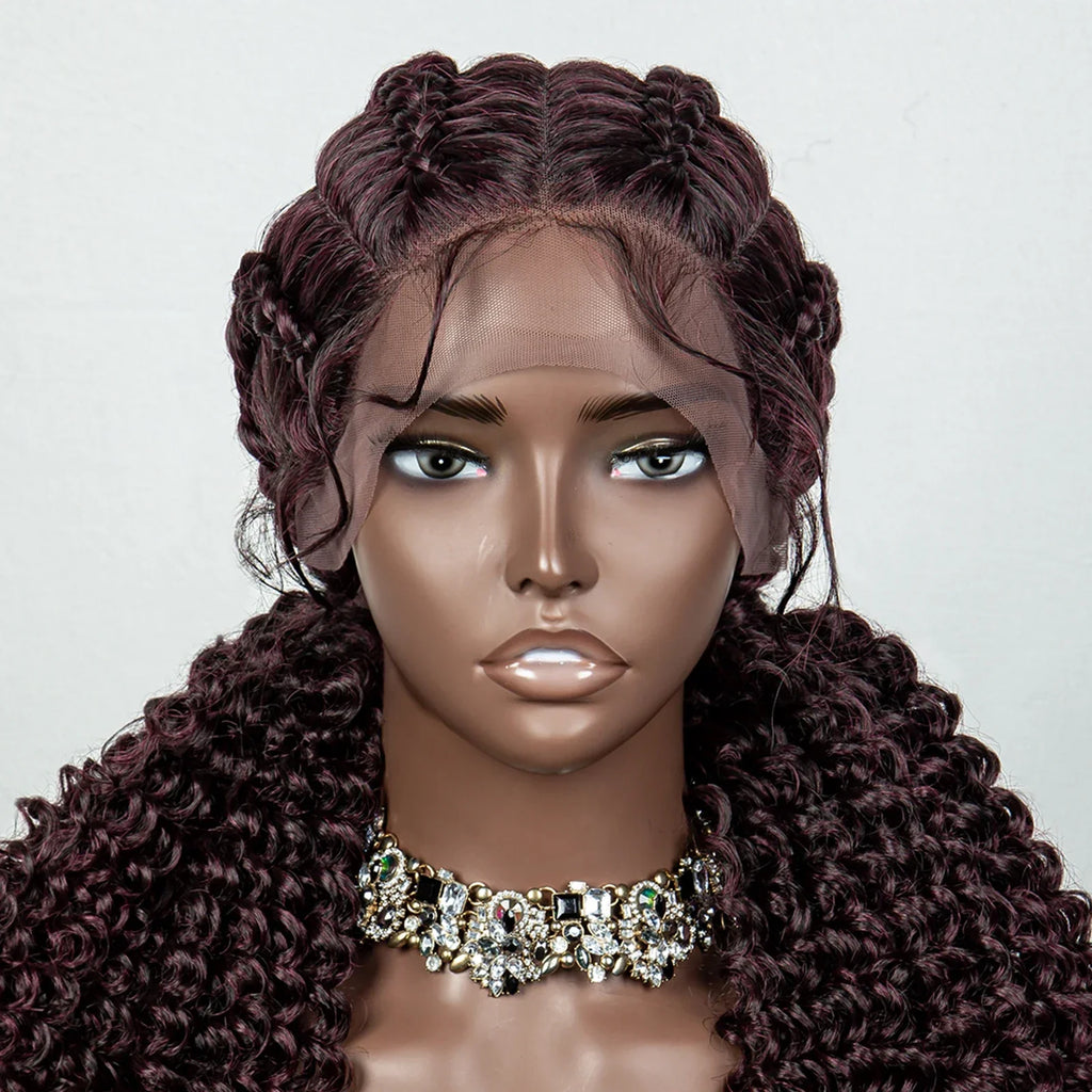 22" Box Braids Full Lace Wig | Two Curly Ponytails | Baby Hair | Synthetic Braided Wig