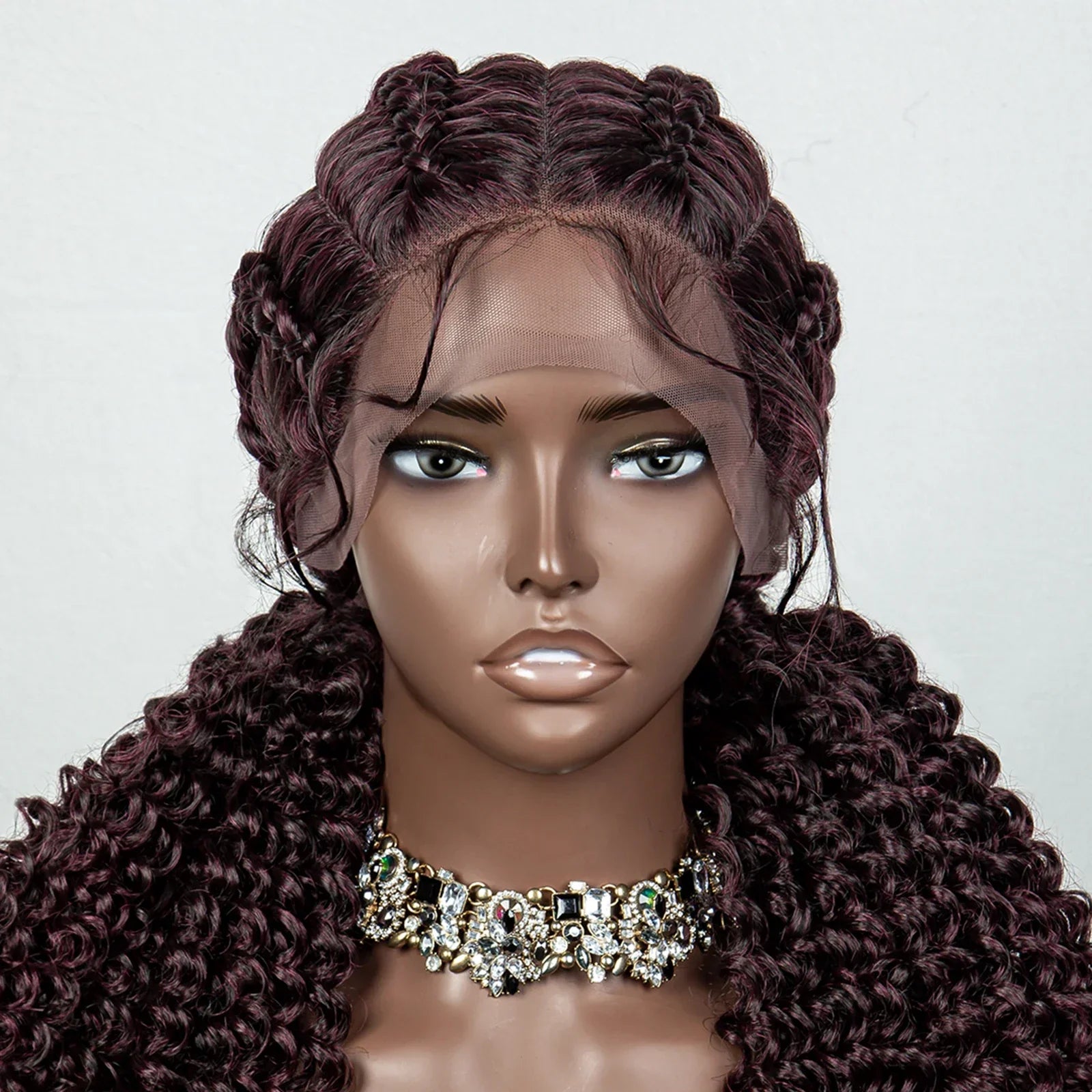 22" Box Braids Full Lace Wig | Two Curly Ponytails | Baby Hair | Synthetic Braided Wig