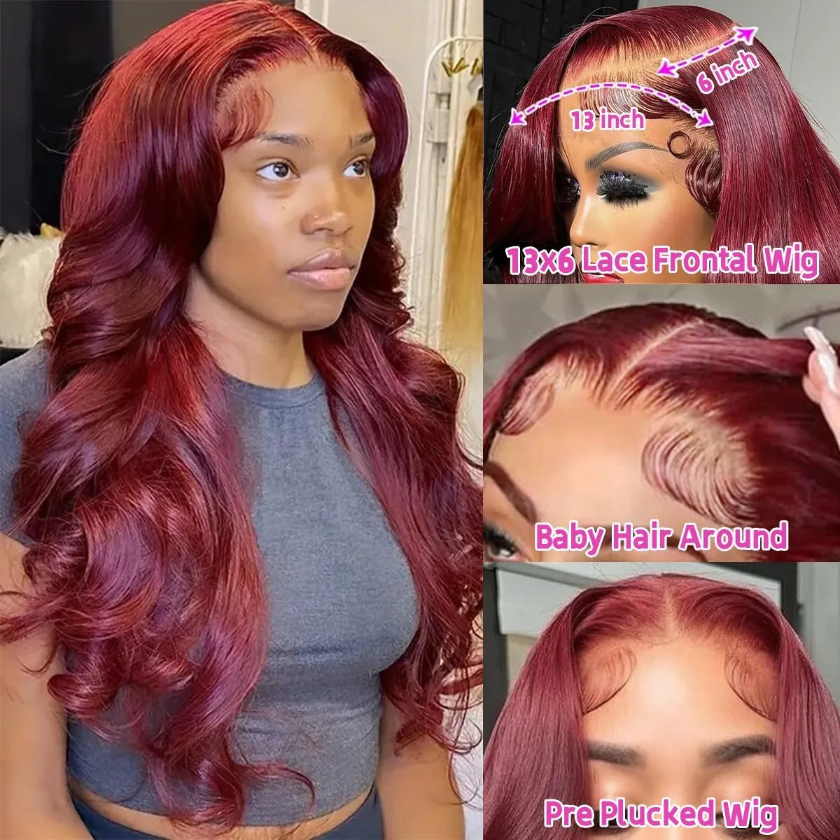 200% Density 99J Burgundy Lace Front Human Hair Wig 13x6 Body Wave Brazilian Remy Deep Part On Sale