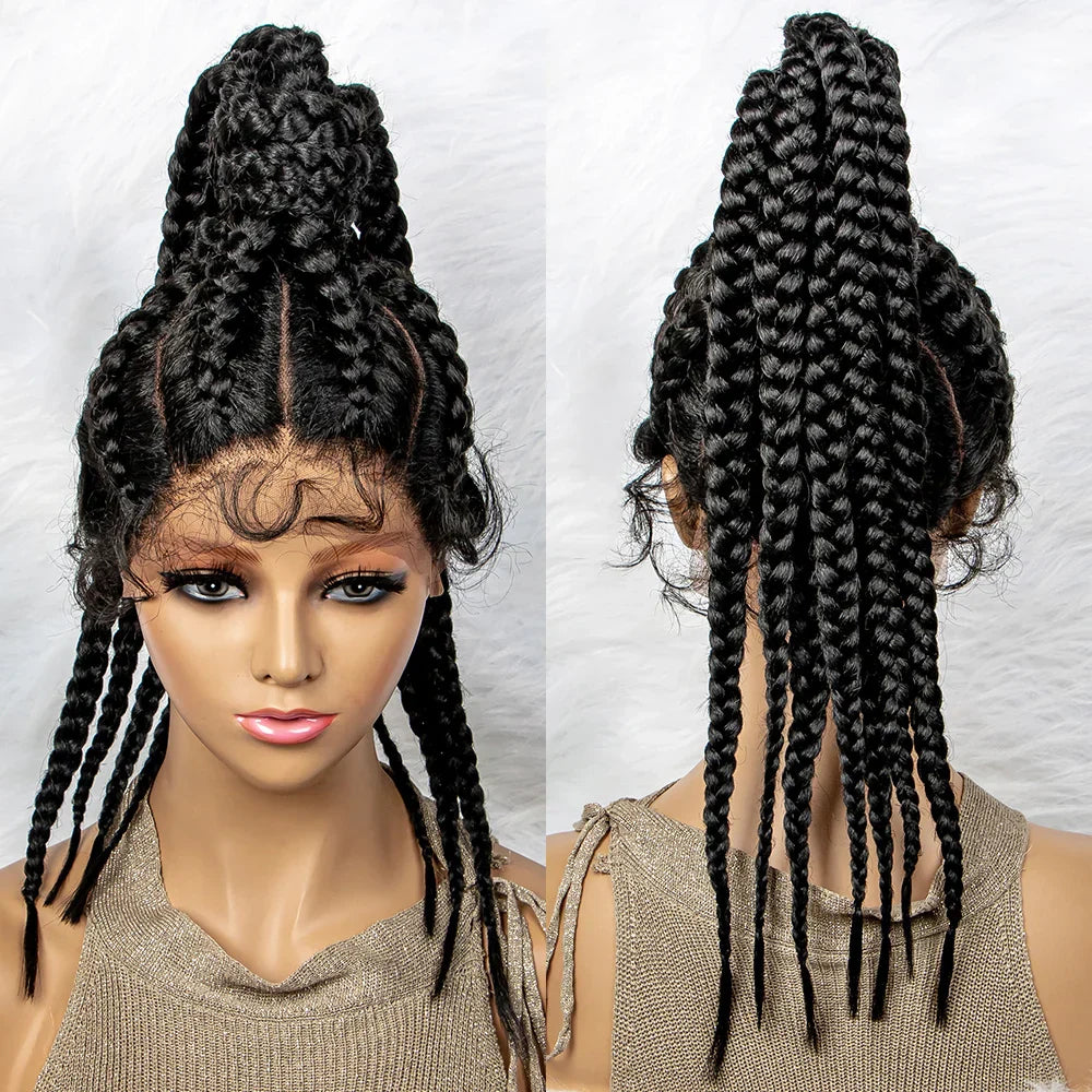 24" Box Braids 360 Lace Front Wig | Ponytail Style | Baby Hair | Synthetic African Braiding Hair