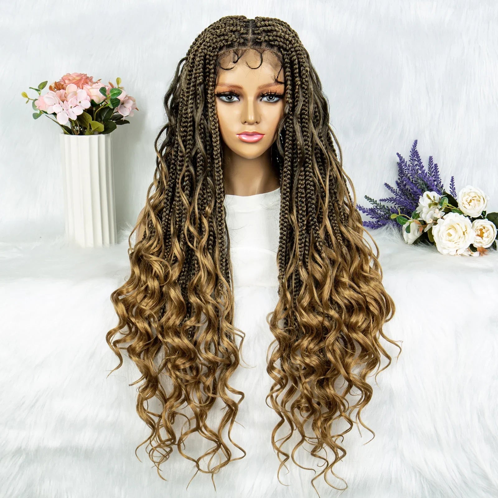 34" Full Lace Knotless Braided Wig with Baby Hair | Synthetic Lace Front Wig for Black Women | Long Braids