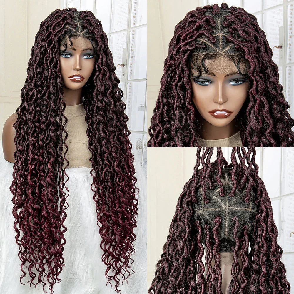 36" Knotless Dreadlock Braided Full Lace Wig | Curly Ends | Synthetic Locs Braids | Black Women