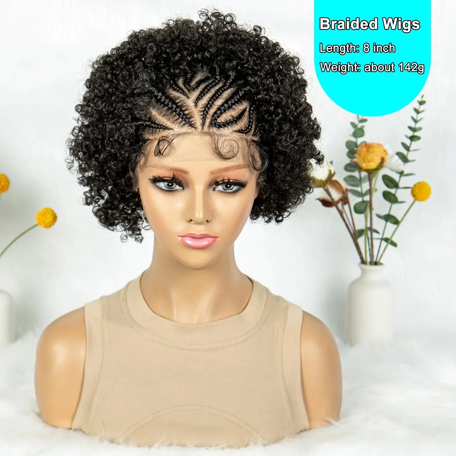 8" Afro Kinky Curly Bob Braided Wig | 13x4 Lace Frontal | Half Cornrows | Synthetic Braids for Black Women