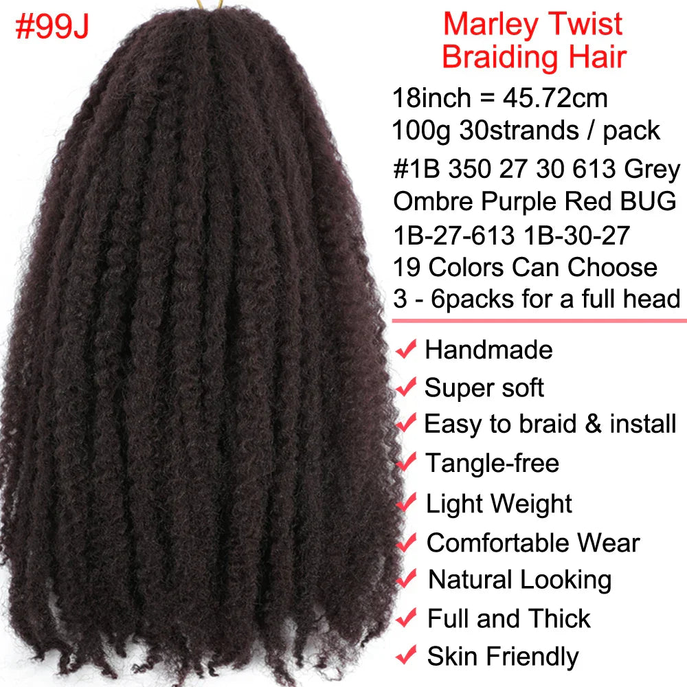 18" Marley Twist Braiding Hair | Crochet Braids | Afro Twist Kinky Hair Extensions | Ombre Colors | 30 Strands/Pack