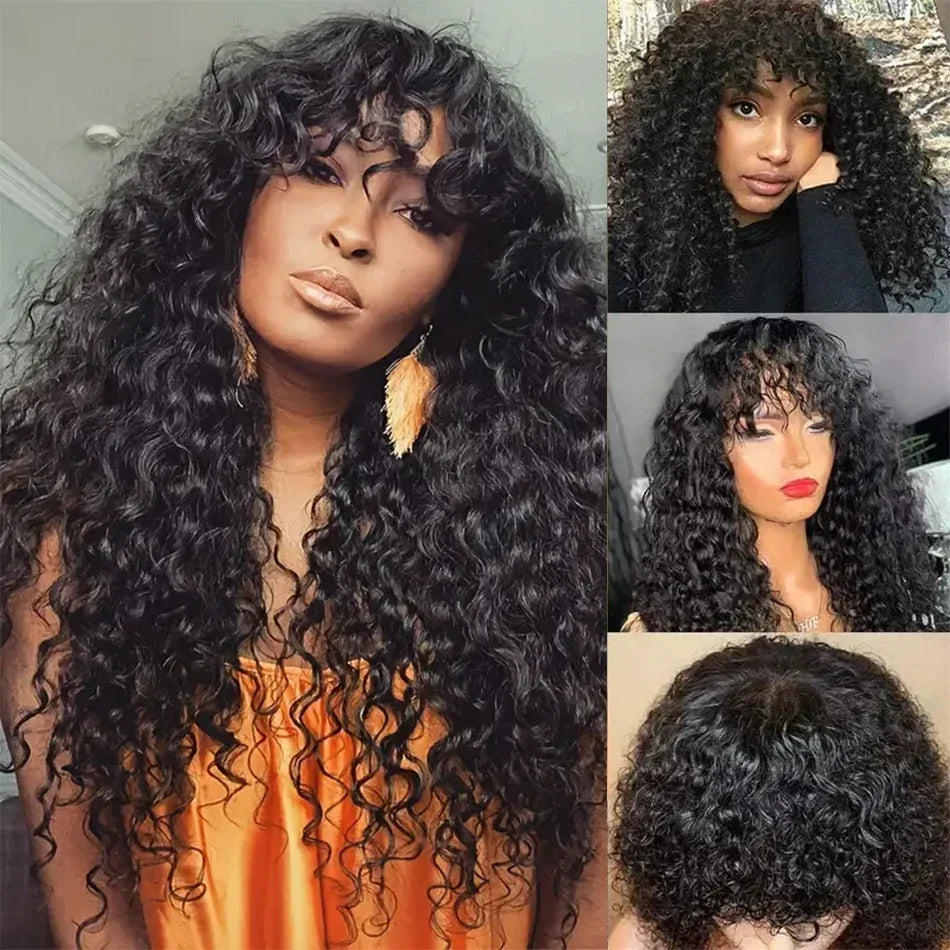 30 Inch Loose Water Wave Wig with Bangs | Full Machine Made Brazilian Remy Human Hair (Natural, All Colors Dyeable)
