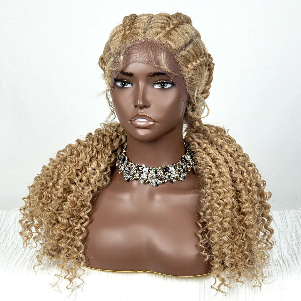 22" Box Braids Full Lace Wig | Two Curly Ponytails | Baby Hair | Synthetic Braided Wig