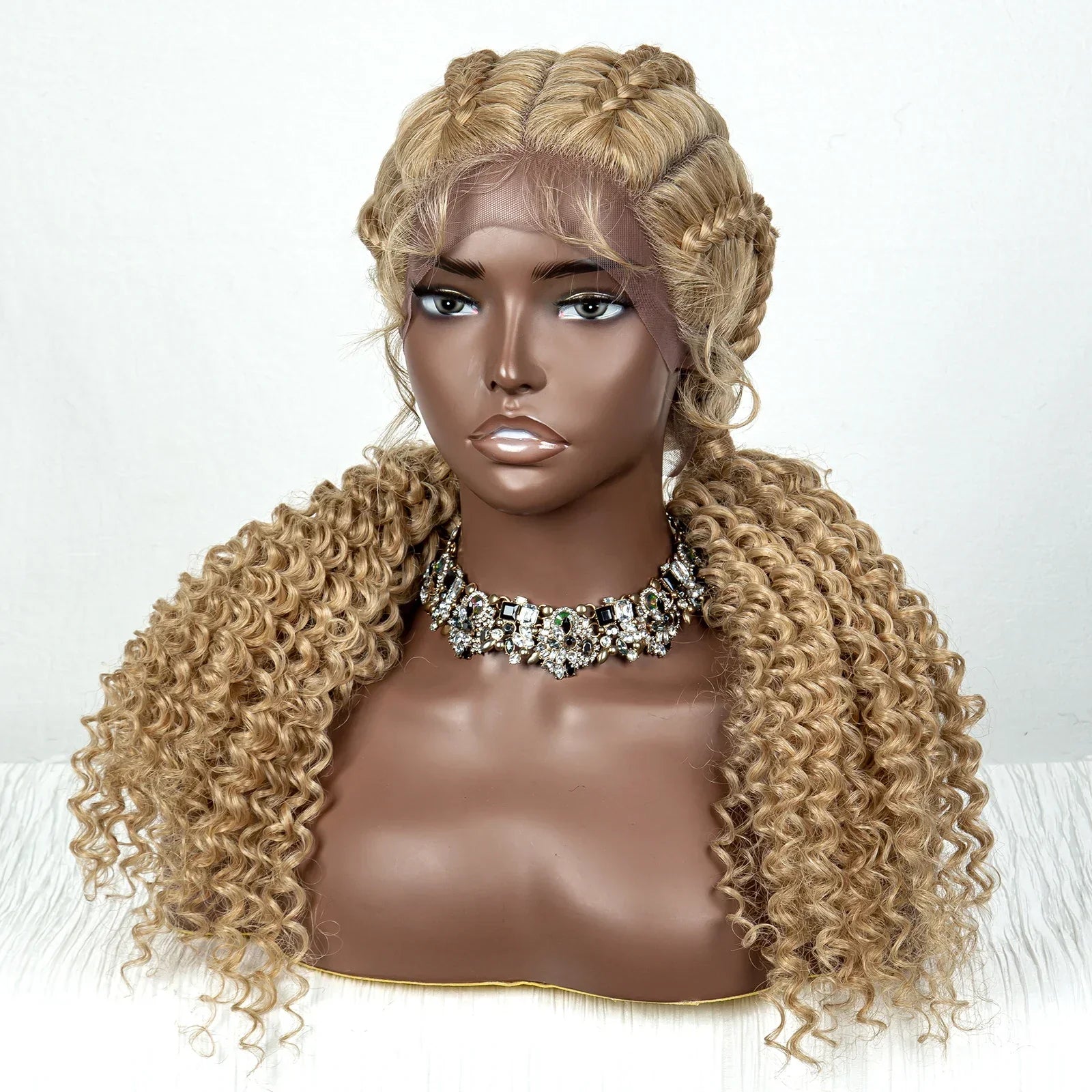 22" Box Braids Full Lace Wig | Two Curly Ponytails | Baby Hair | Synthetic Braided Wig