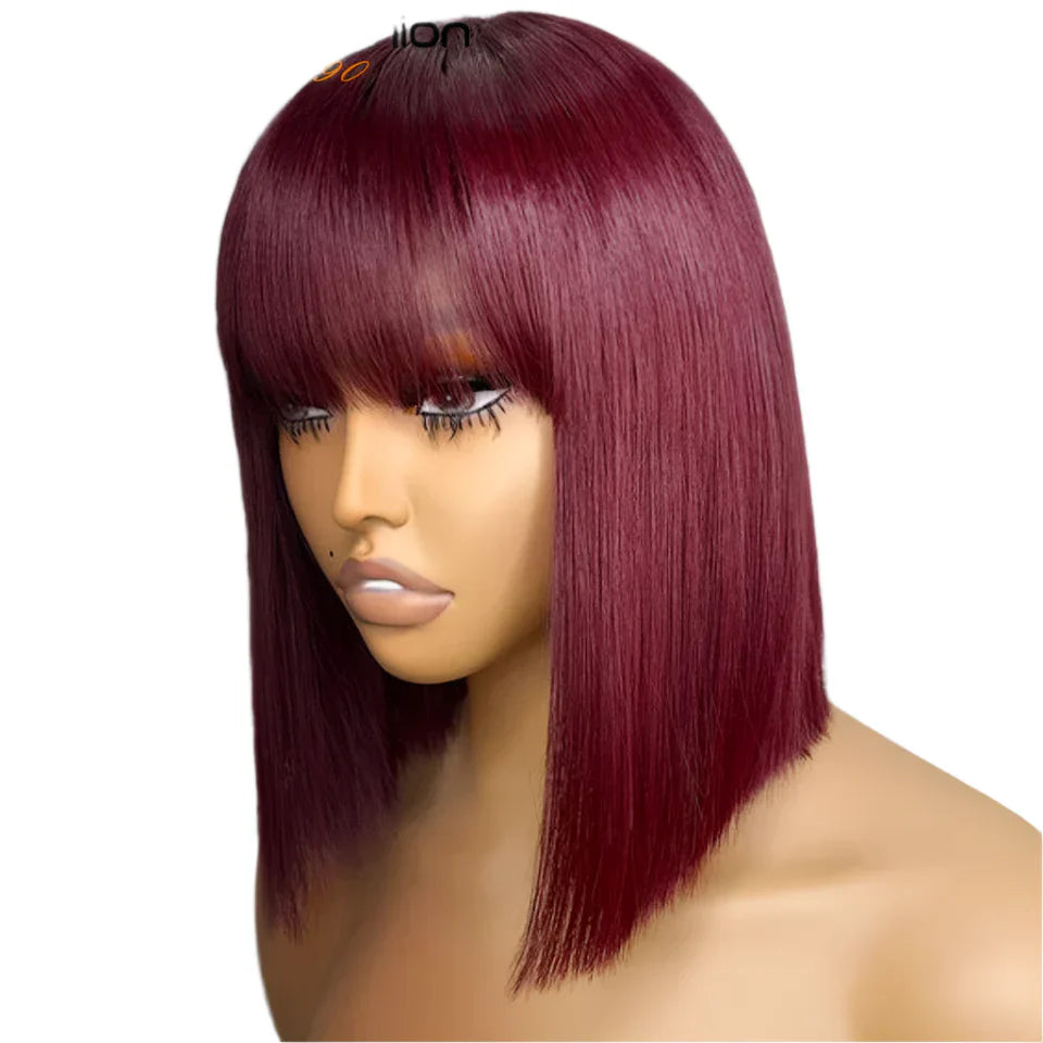 180D Orange/Ginger & Blonde Straight Human Hair Bob Wig with Bangs | Full Machine Made Remy for Women (P4/30, 613, 99J, T1B/27)