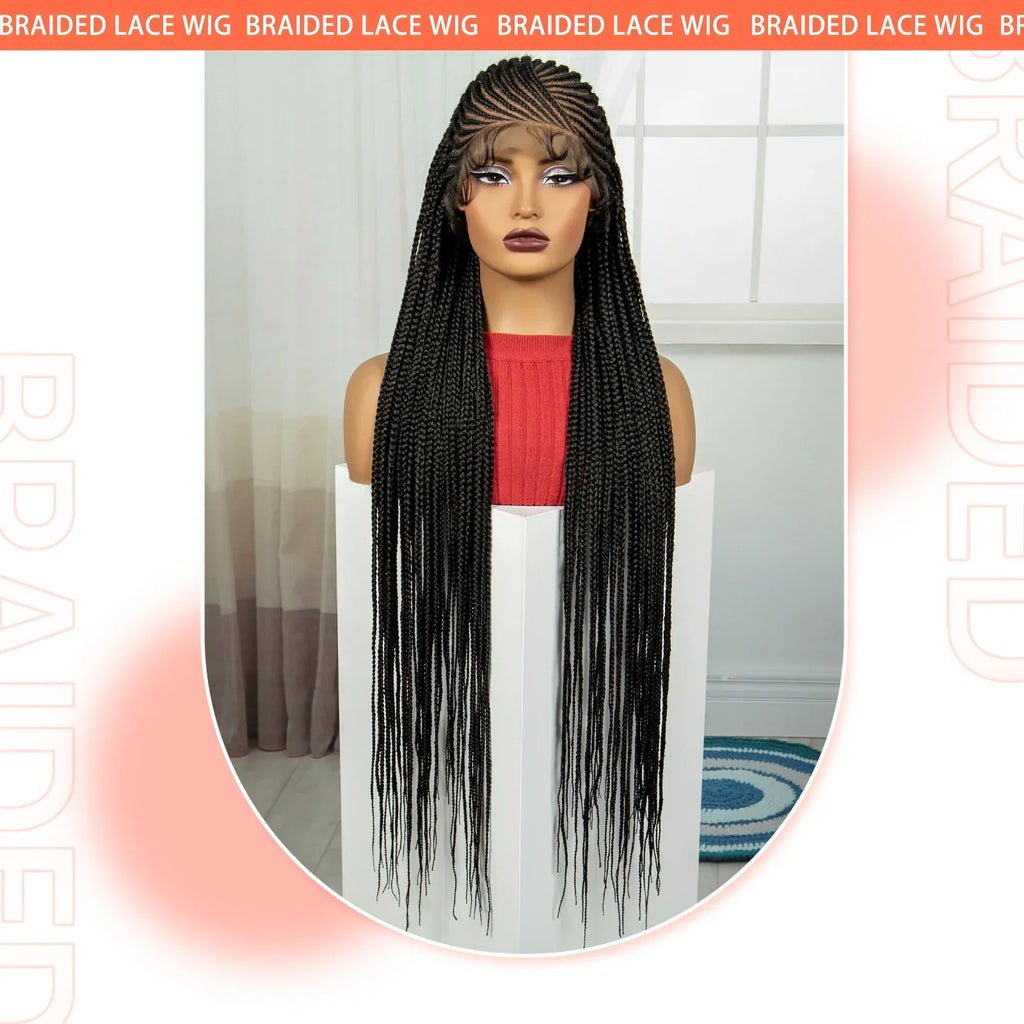 36" Cornrow Braided Full Lace Wig | Knotless Braids | Natural Looking Synthetic Braided Wig with Baby Hair for Black Women