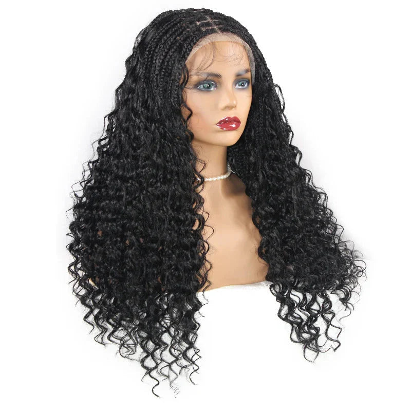 24" Boho Box Braids Lace Frontal Wig | Deep Wave Goddess Braids | Curly Ends | Black Full Lace Synthetic Wig