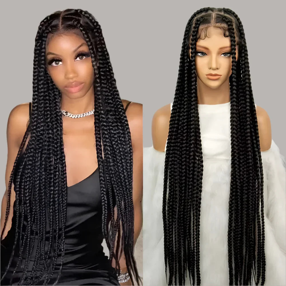 34" Knotless Box Braids Full Lace Wig | Transparent Lace | Long Black Synthetic Braids | Black Women