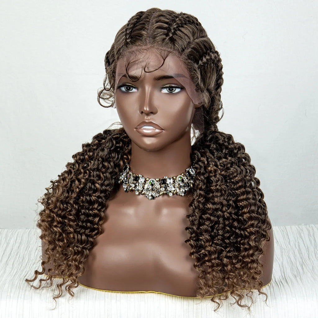 22" Box Braids Full Lace Wig | Two Curly Ponytails | Baby Hair | Synthetic Braided Wig