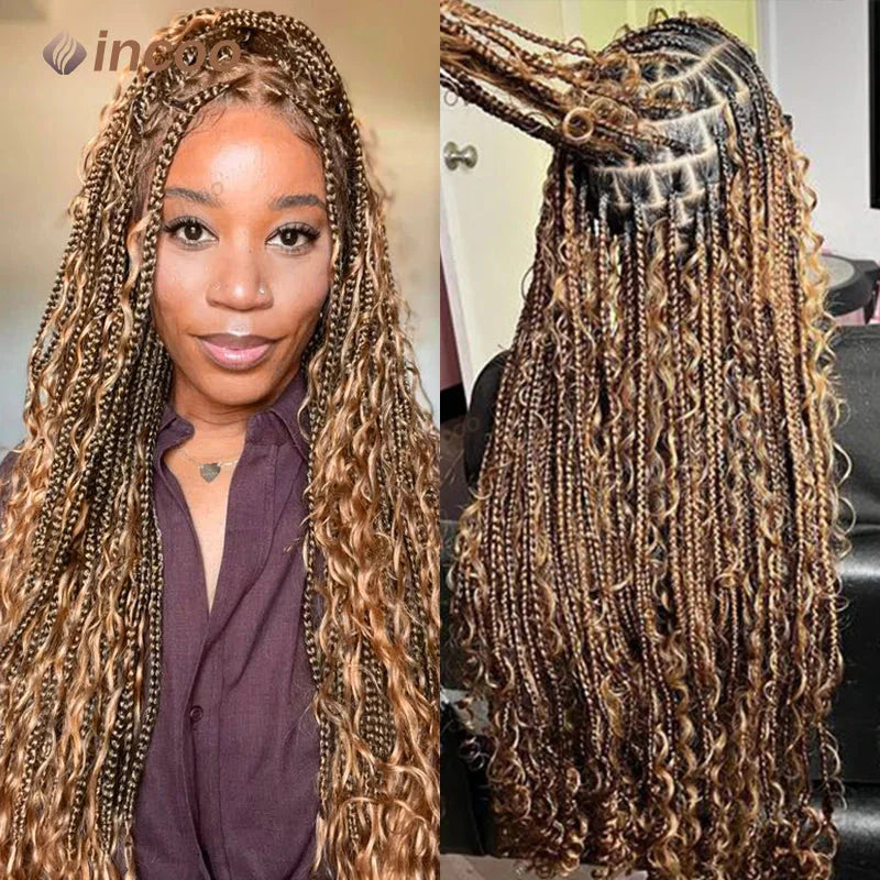 36" Boho Curly Box Braided Lace Wig | Knotless Cornrows | Synthetic Braids for Black Women