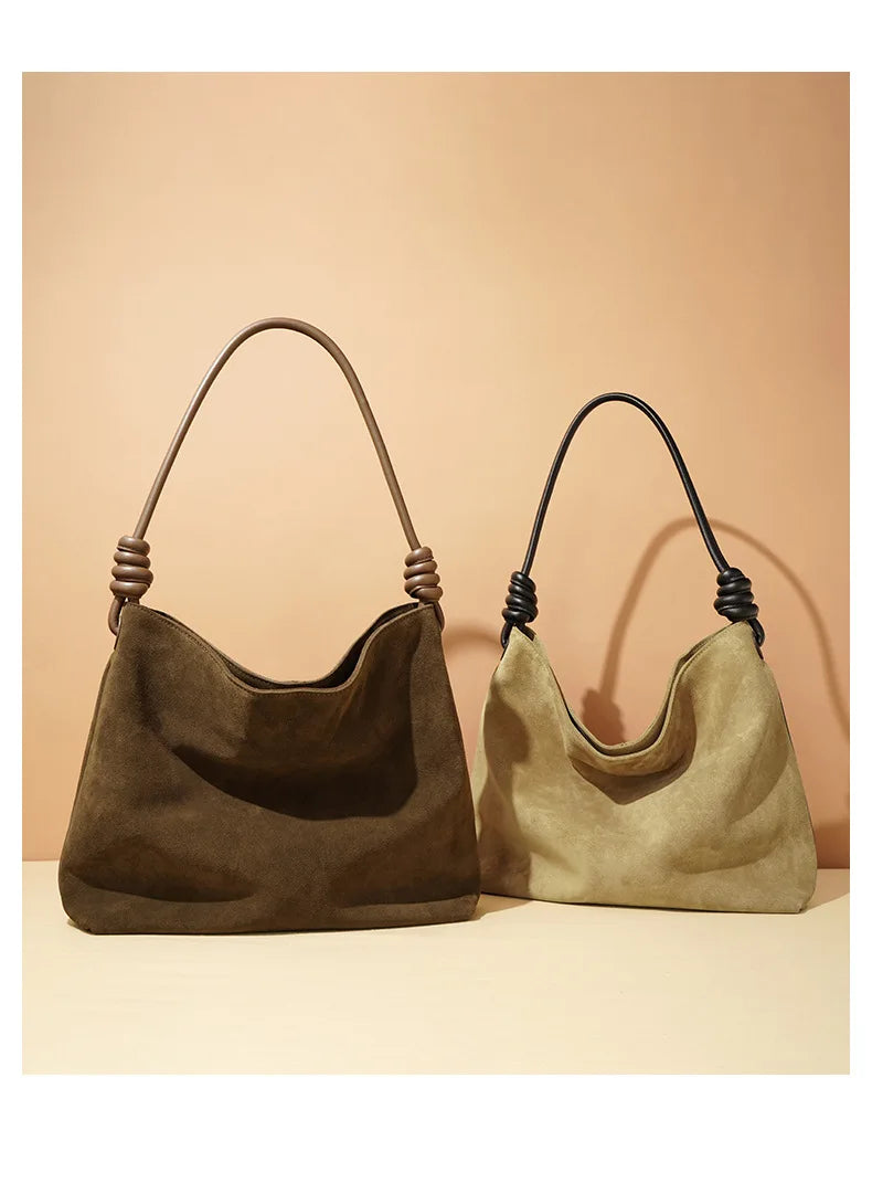 All-Match Chamois Matte Suede Cowhide Leather Tote | Large Capacity Designer Maillard Dressing Coffee Winter Ladies Handbag