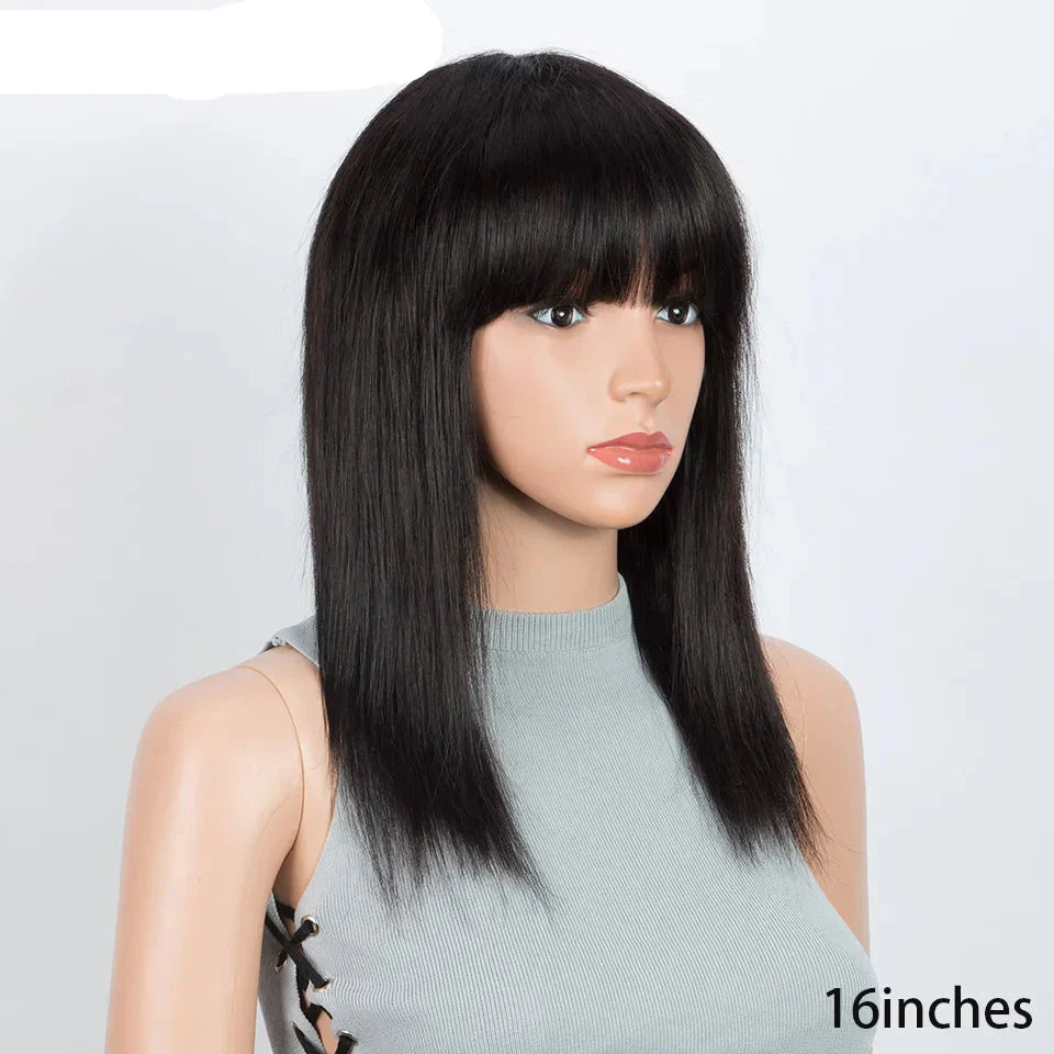 99J Wine Red Straight Bob Wig with Bangs | Full Machine Made Brazilian Remy Human Hair
