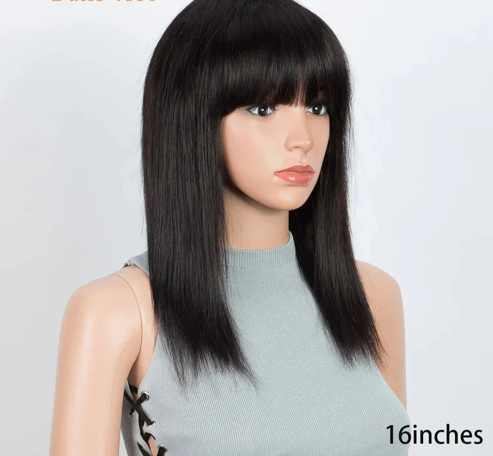 99J Burgundy Short Straight Bob Wig with Bangs | Full Machine Made Human Hair