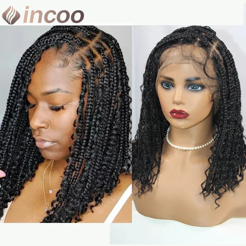 12" Boho Bob Braided Wig | Goddess Knotless Braids | 360 Full Lace | Curly Ends | Baby Hair