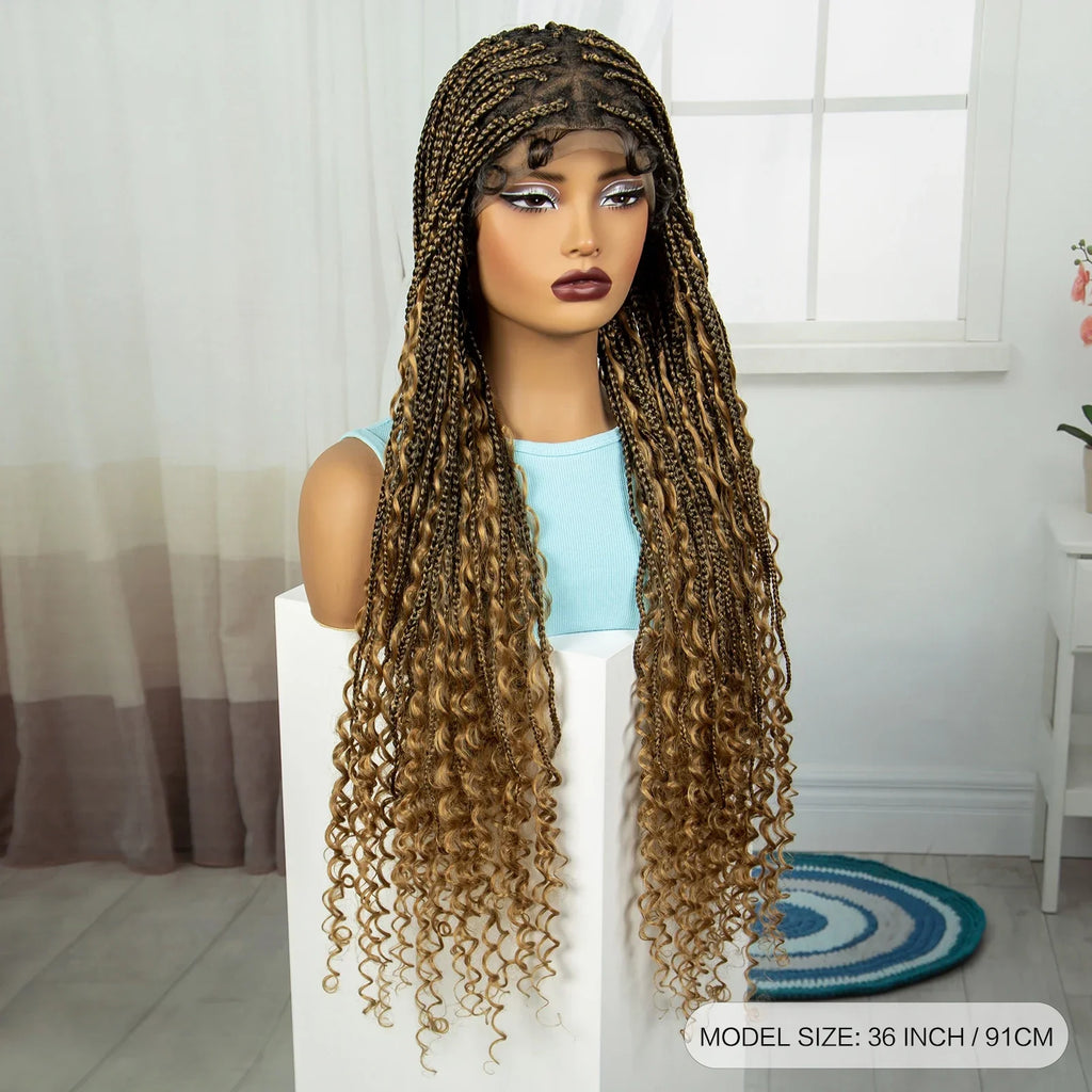 36" Blonde Boho Knotless Braids Wig | Curly Ends | HD Full Lace | Baby Hair