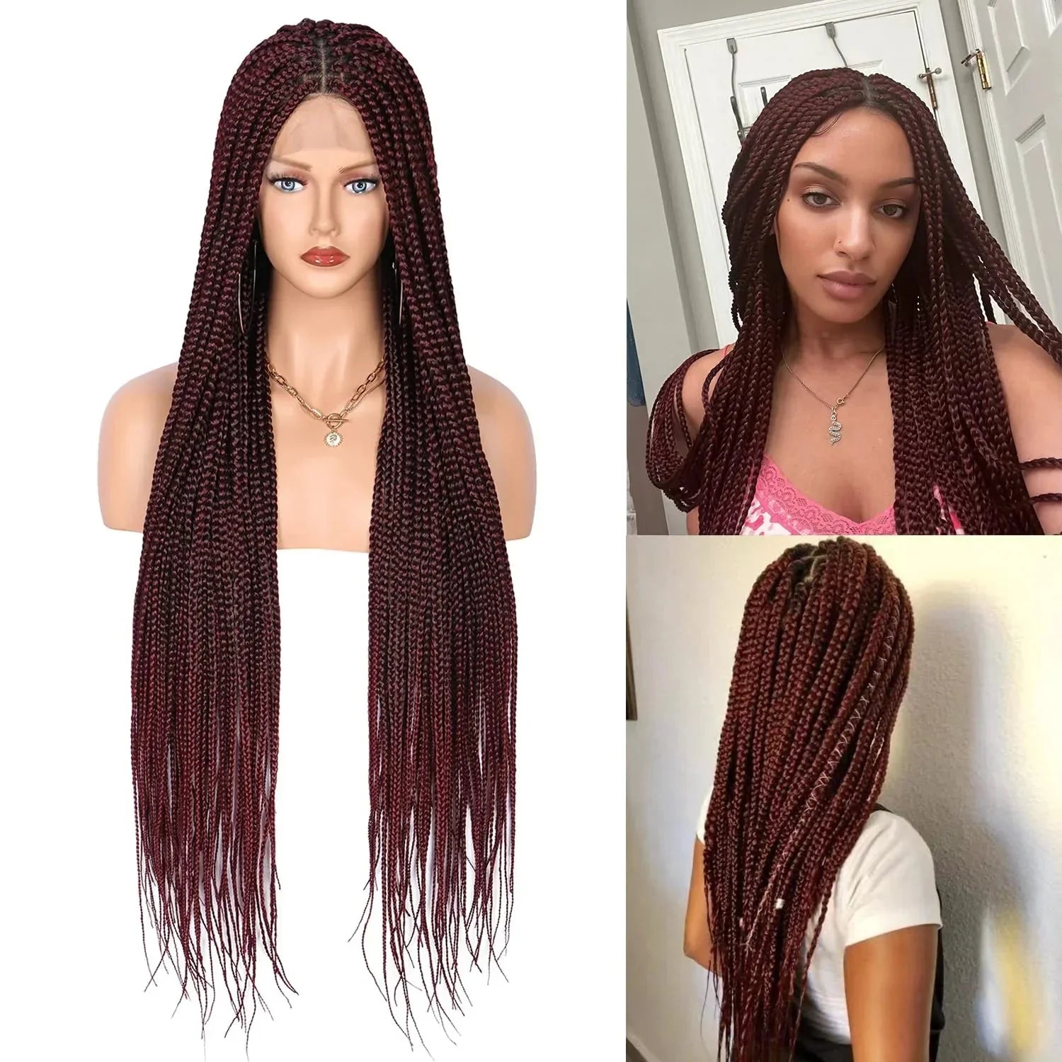 36" Ombre Burgundy Knotless Box Braid Wig | Full Double Lace Frontal | Baby Hair | Kanekalon Synthetic Wig for Women