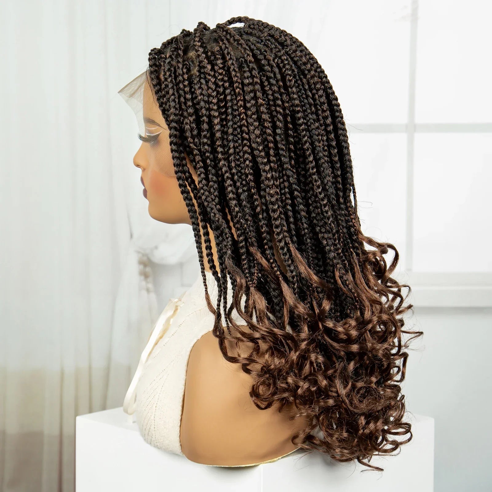 22" 1B/30 Ombre Knotless Braids Wig | Wavy Ends | Full Lace Boho Style