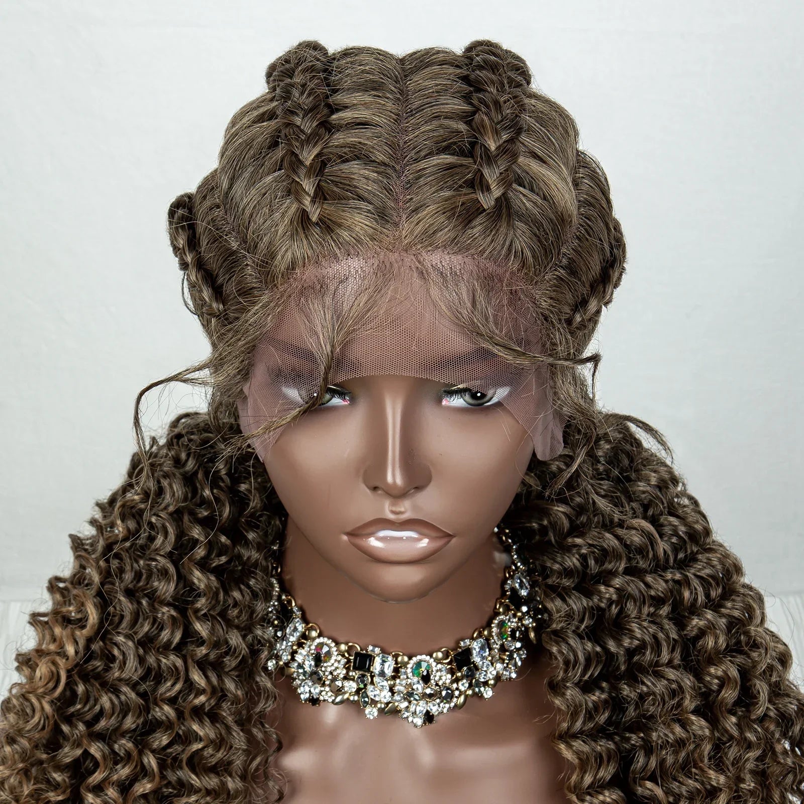 22" Box Braids Full Lace Wig | Two Curly Ponytails | Baby Hair | Synthetic Braided Wig