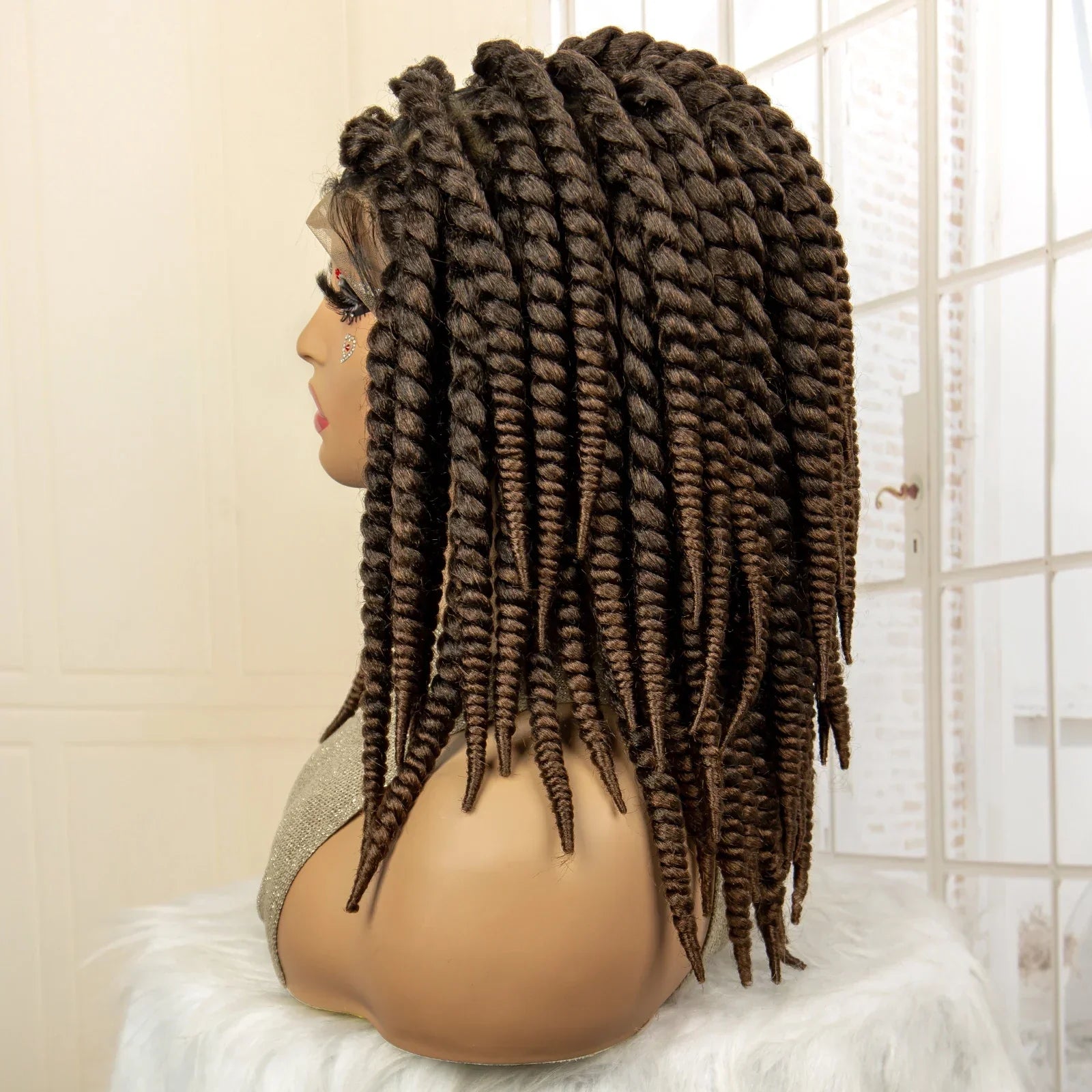16 Inch Brown Twisted Braided Bob Wig | Full Lace | Kanekalon Fiber | For Black Women